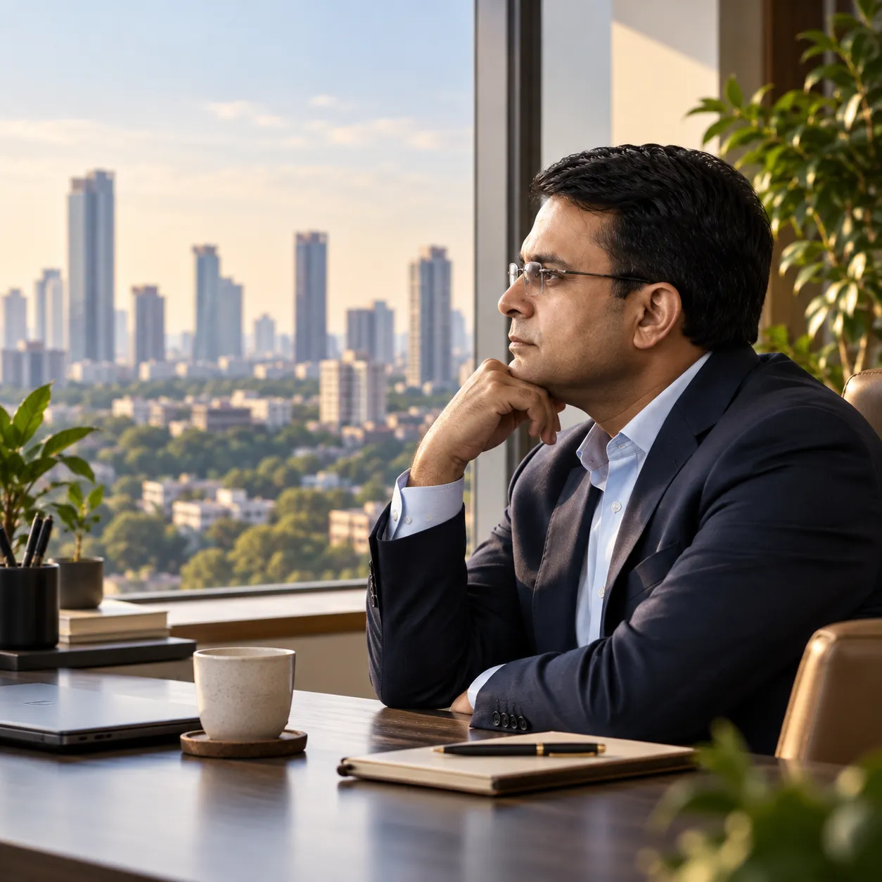 Investor considering suitable investment routes while looking across the city