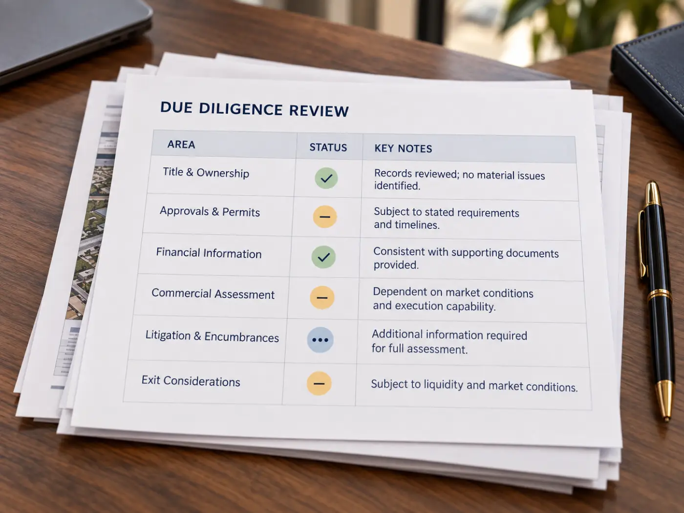 Due diligence review showing the status of investment findings