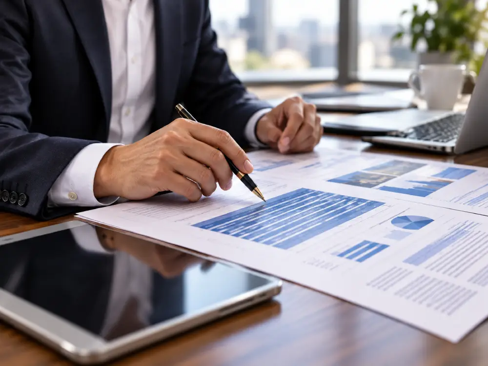 Commercial due diligence documents and market analysis being reviewed