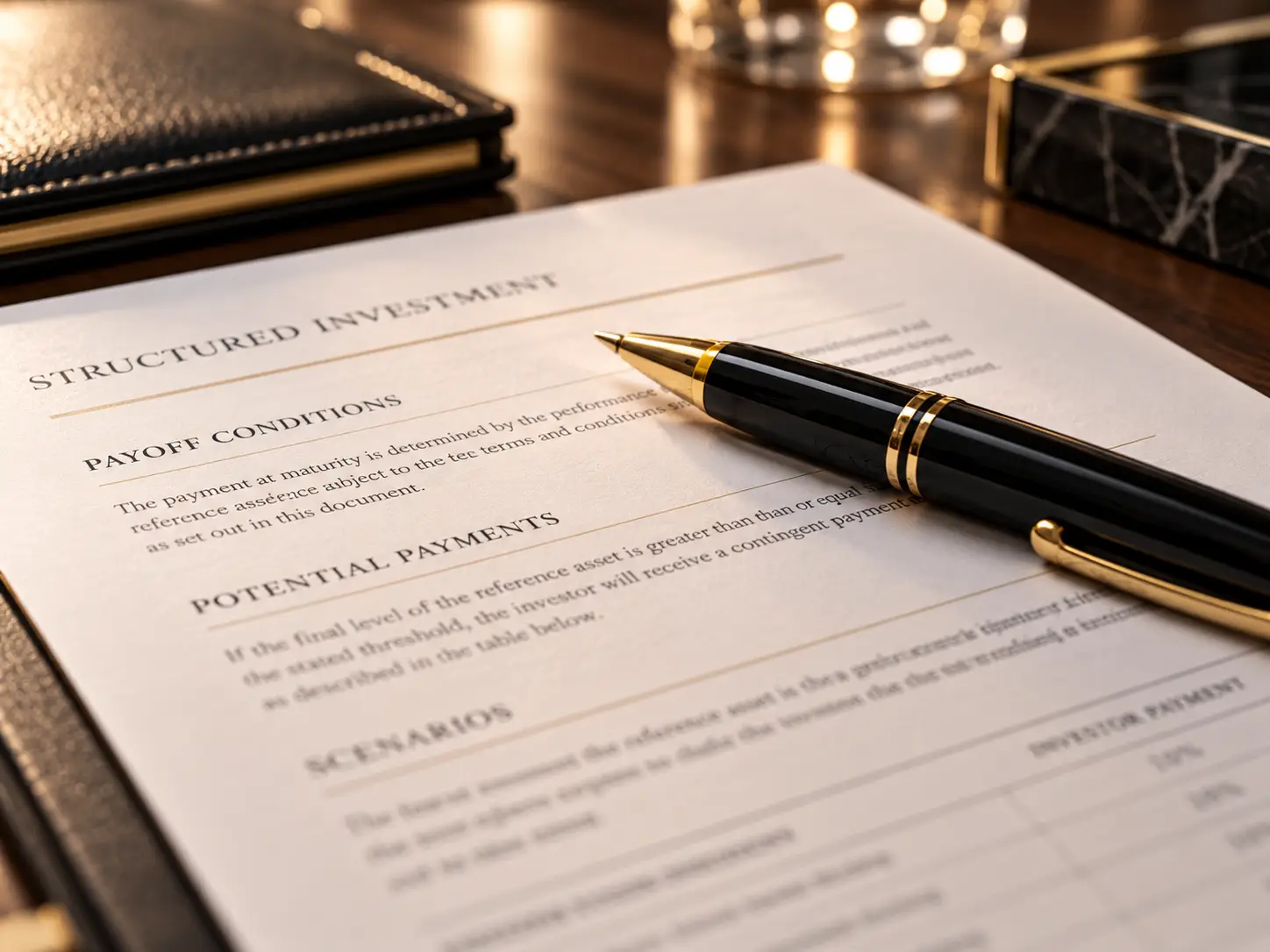 Investment documents and pen representing structured product payoff rules