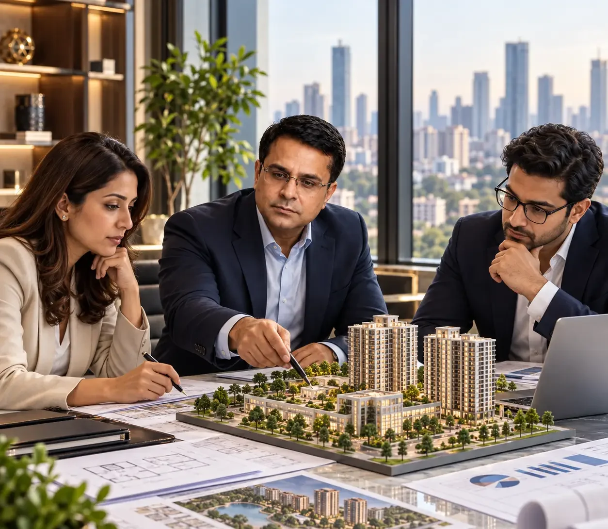 Investors reviewing a real estate development model, title documents, development plan and financial model