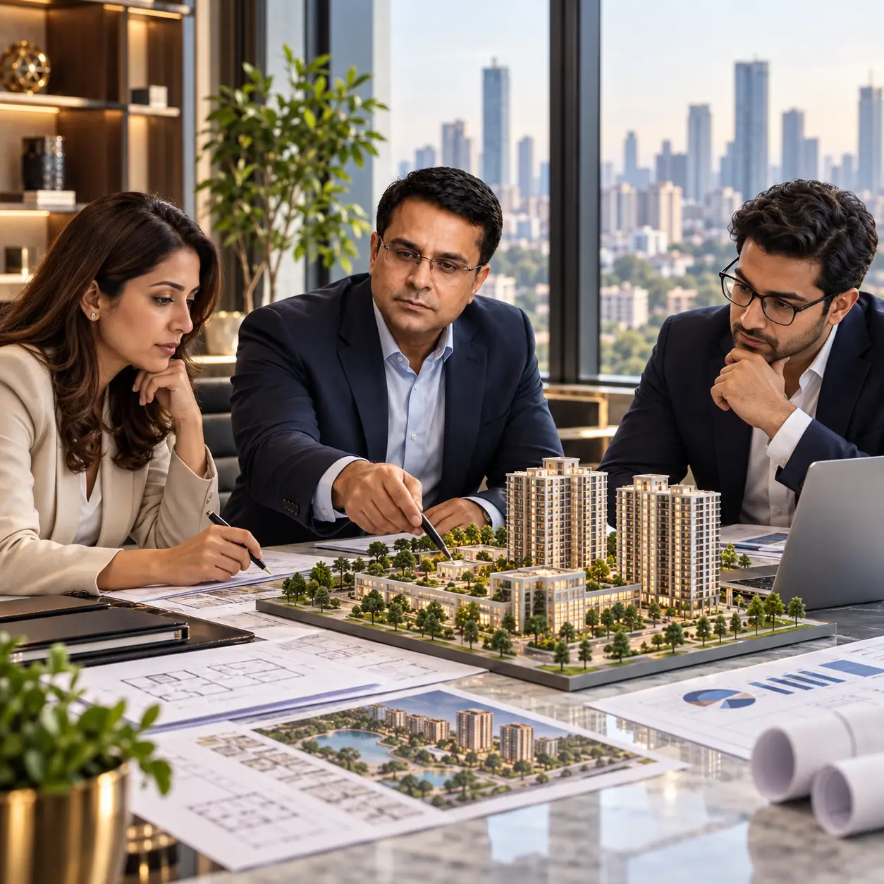 Investors reviewing a real estate development model, title documents, development plan and financial model