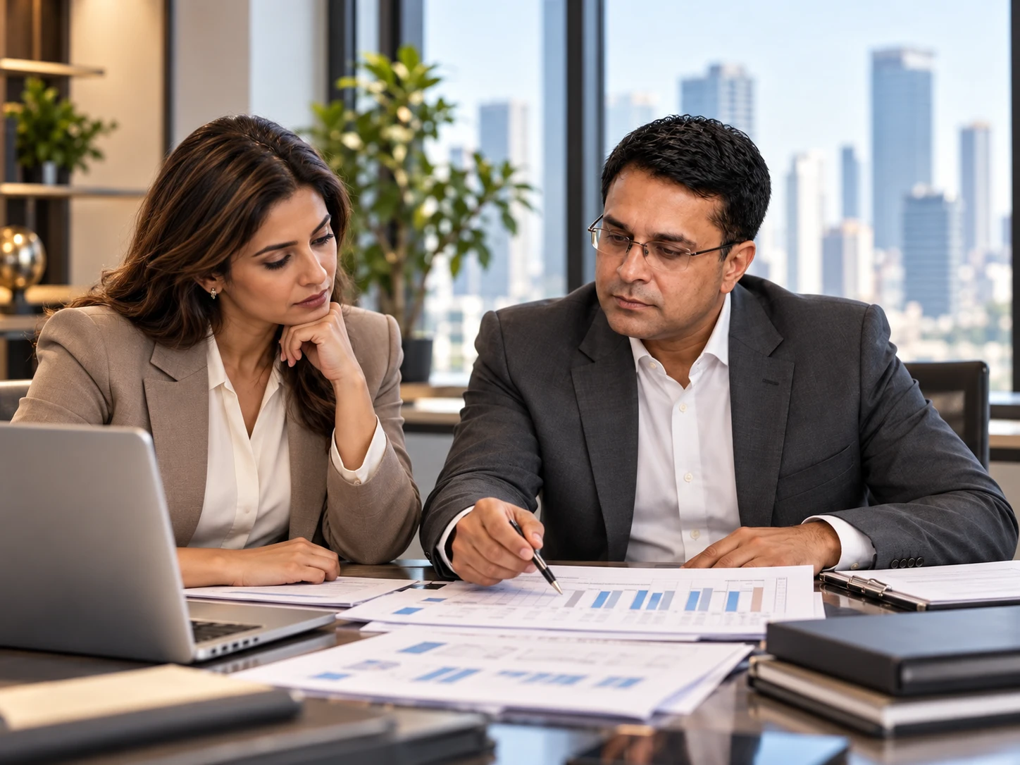 Investment advisers reviewing project timelines, legal documents, risk analysis and contracts
