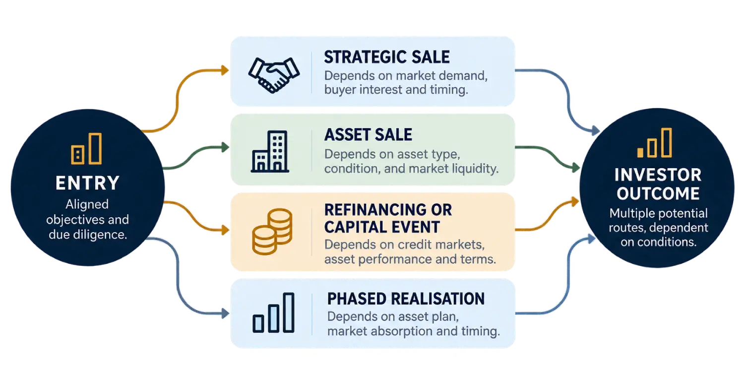 Illustrative exit routes from entry through strategic sale, asset sale, refinancing or capital event, and phased realisation to investor outcome