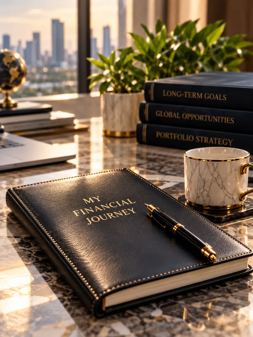 Financial planning desk with a journal representing long-term goals and portfolio strategy