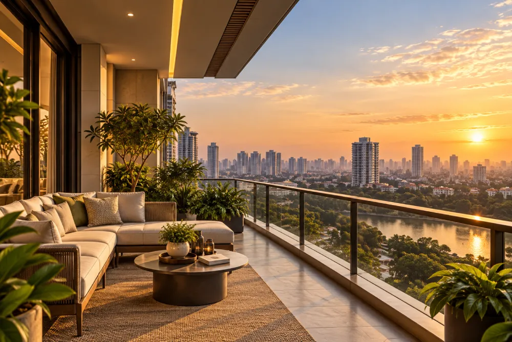 Premium residential balcony overlooking a city skyline