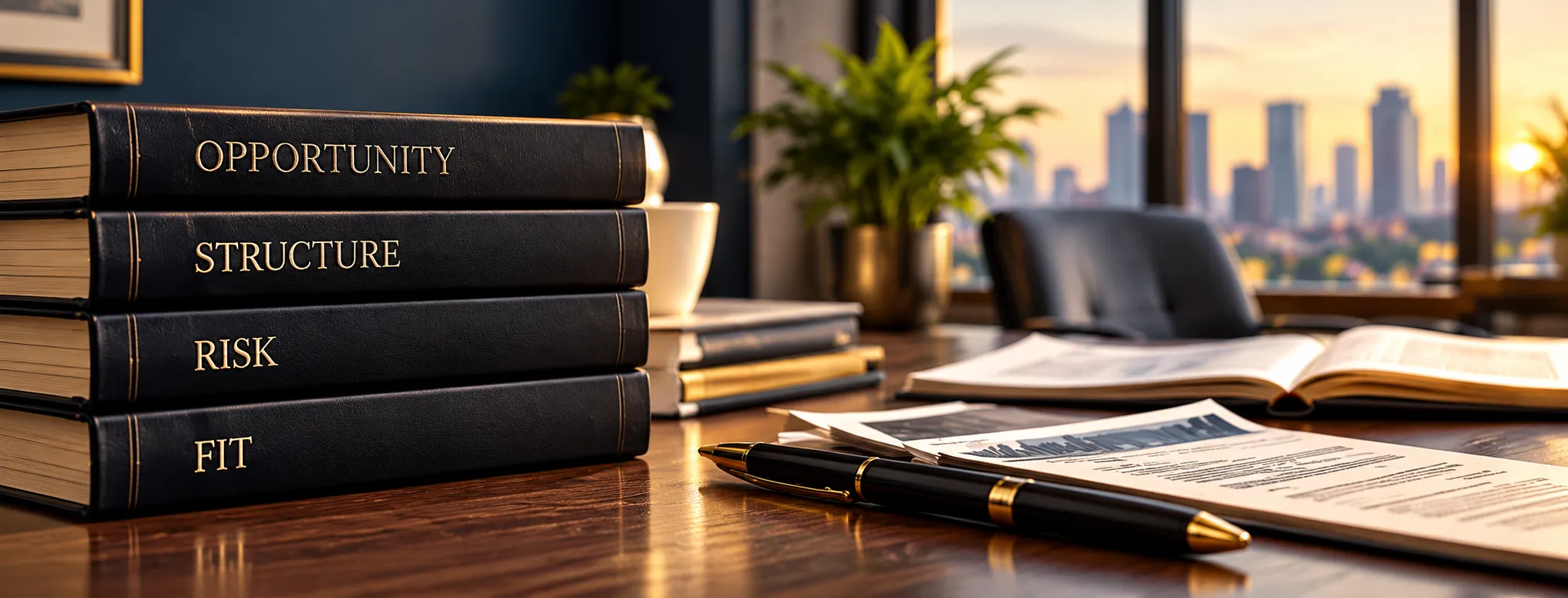 Investment review workspace representing opportunity, structure, risk and fit evaluation