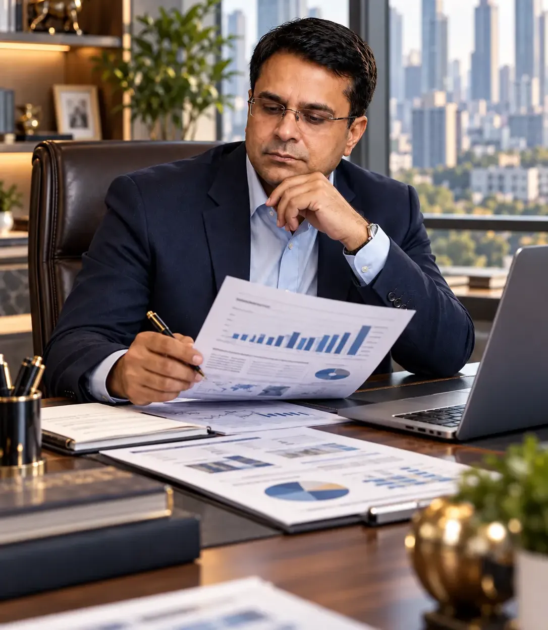 Investment advisers reviewing portfolio strategy documents, risk analysis and disclosure material