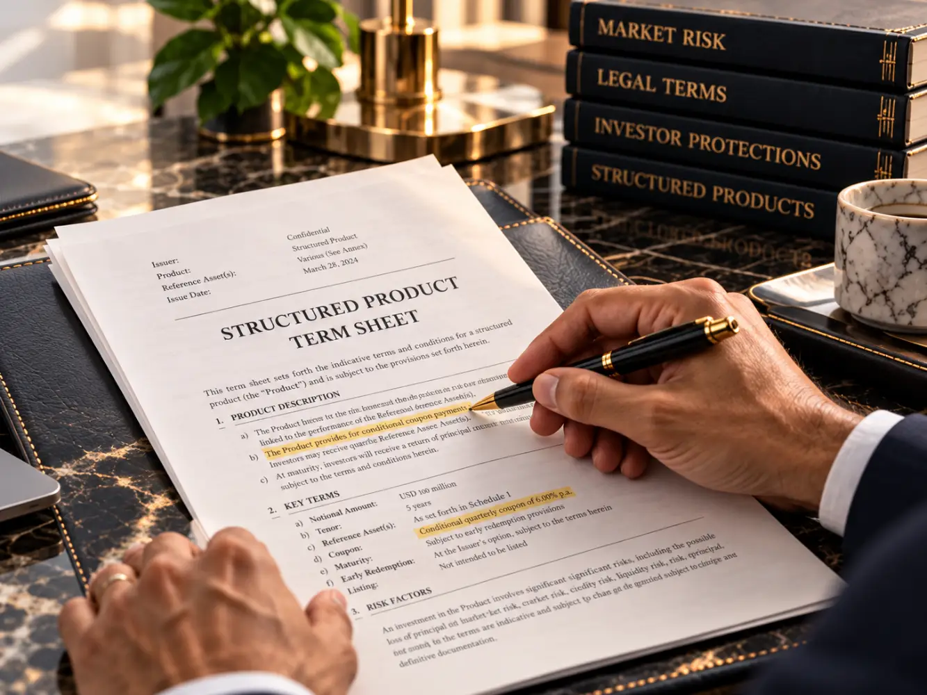Investment professional reviewing a structured product term sheet