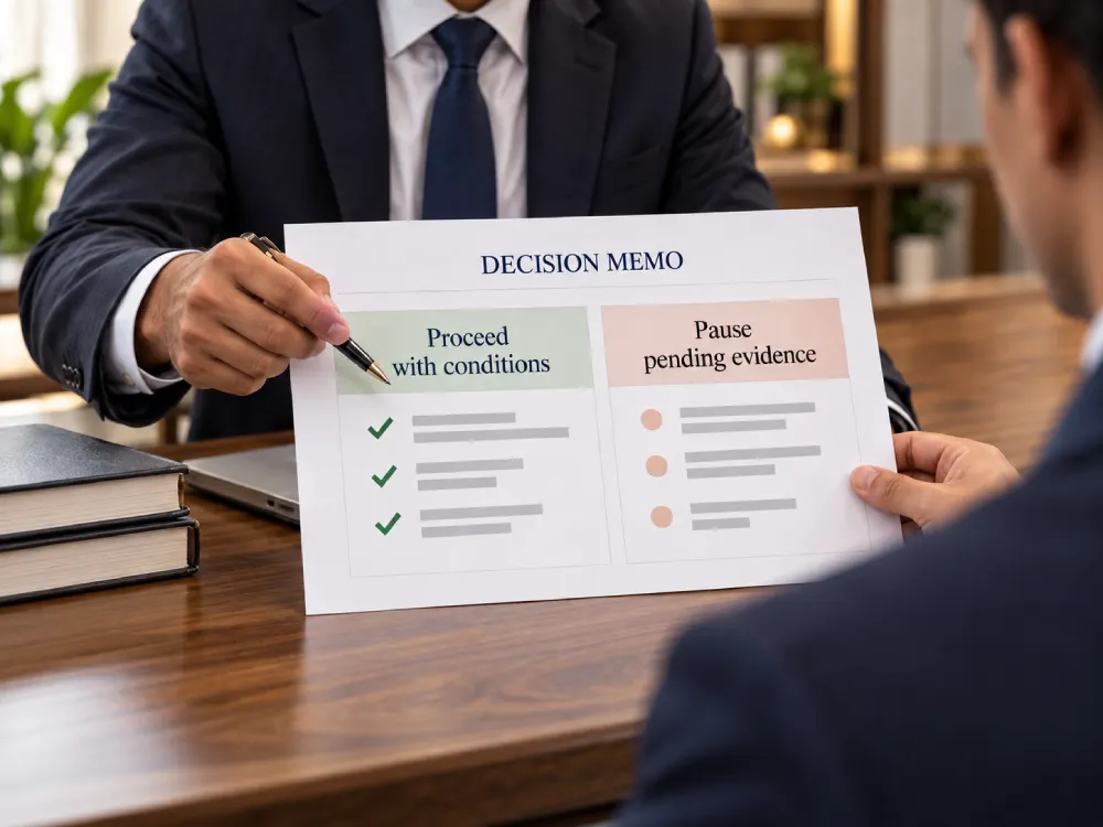 Investment adviser presenting a decision memo with proceed and pause findings
