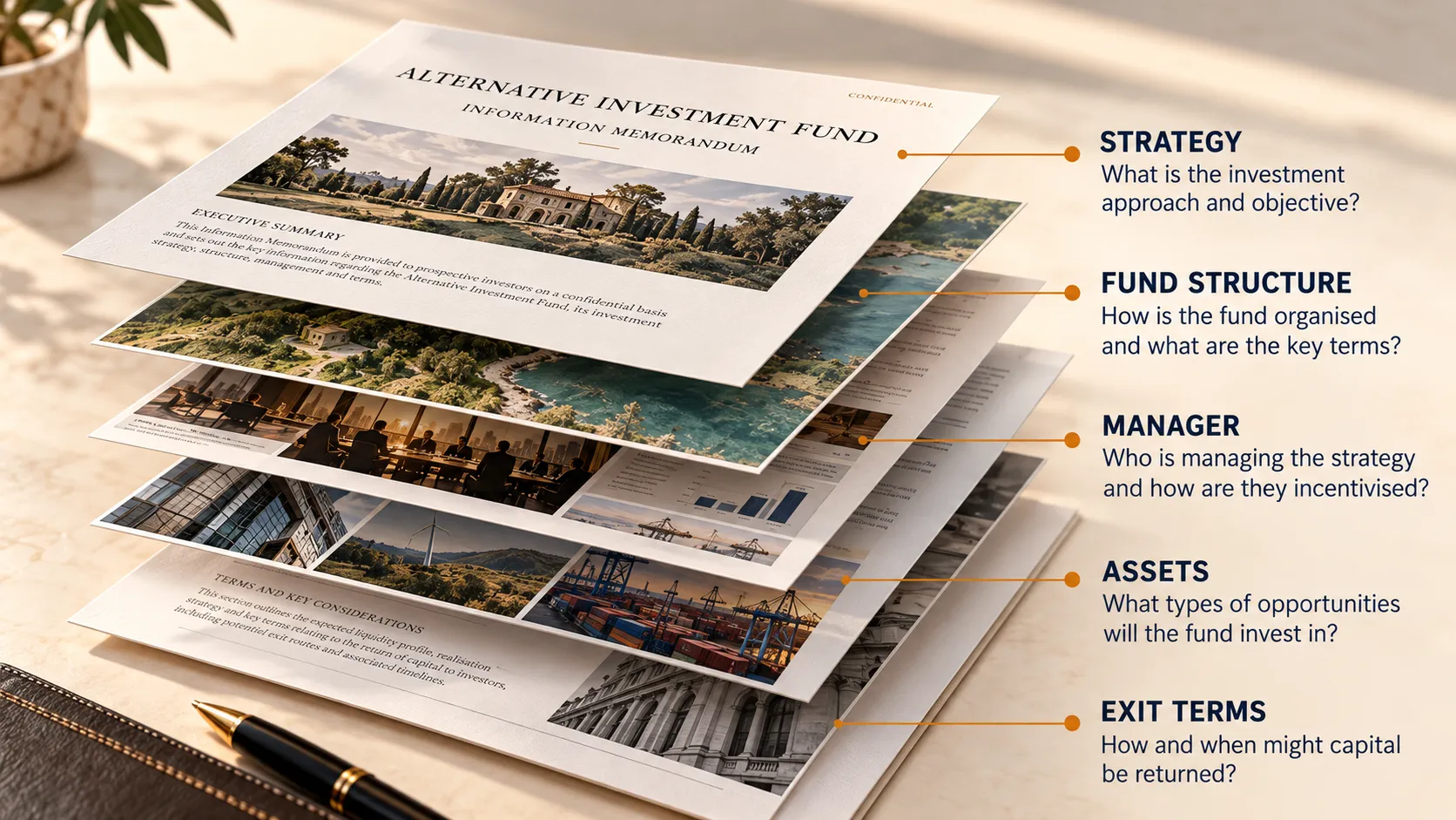 Alternative Investment Fund structure showing strategy, fund structure, manager, assets and exit terms