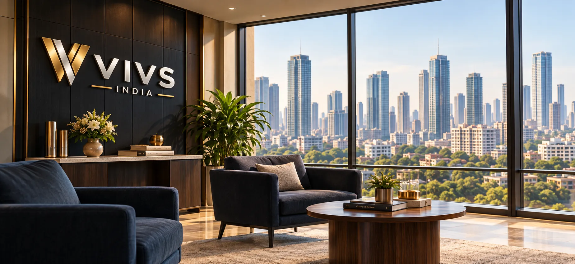 VIVS India office lounge overlooking the city skyline