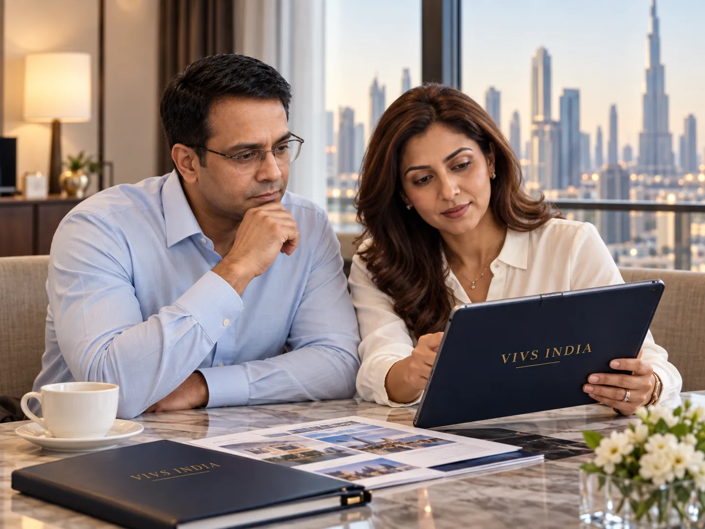 Investors reviewing VIVS India opportunity information during a consultation