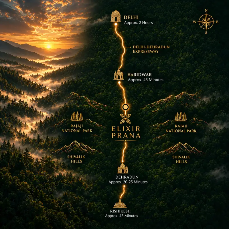 Elixir Prana location and nature-led residential environment in Greater Doon