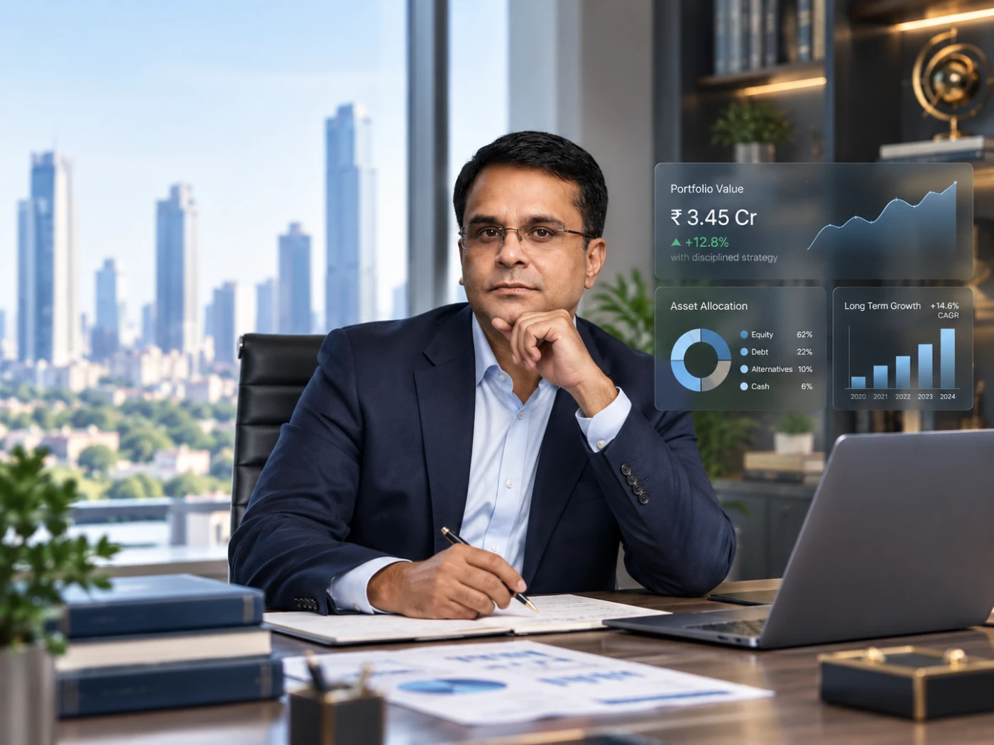 Investment adviser reviewing portfolio management strategy with a client consultation on screen