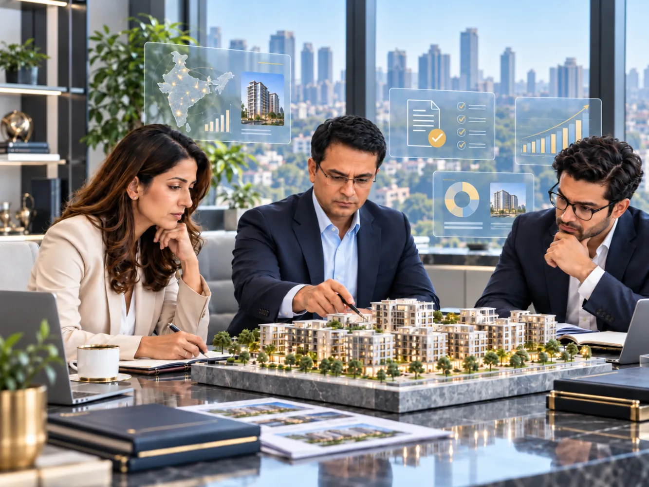 Investment advisers discussing Indian real estate opportunities with an investor